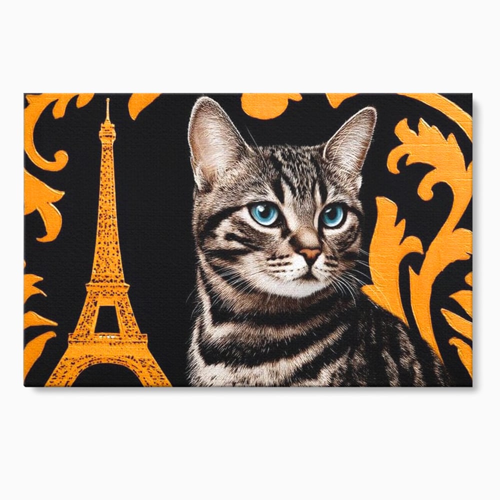 Tablou canvas cu tablou canvas cu pisica si turnul eiffel, fara rama, pe sasiu de lemn